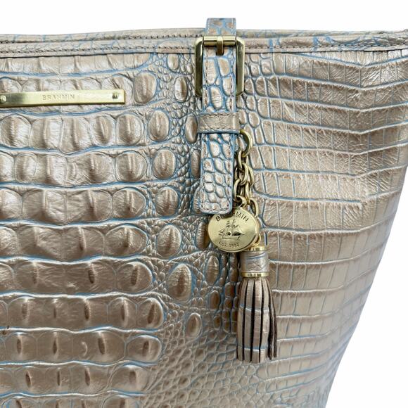 Brahmin Medium Asher Tote Metallic Gold Crocodile Embossed Leather Bag Purse - Picture 10 of 13